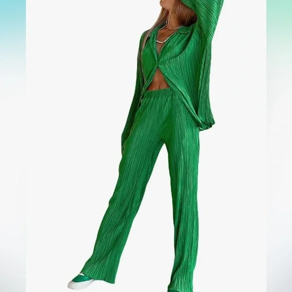2 Piece Set Pleated Long Sleeve Loose Fit Button Down Shirt Wide Leg Pants Green - Picture 1 of 12